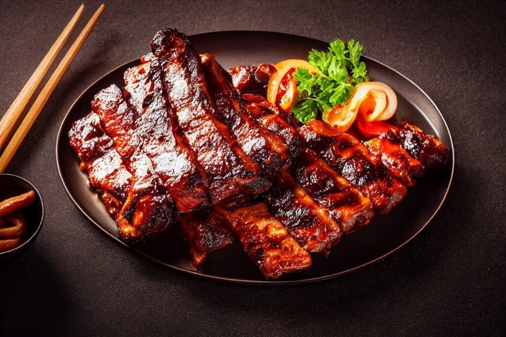 Closeup of pork ribs grilled with BBQ sauce and caramelized in honey. Spicy barbecued pork ribs serv